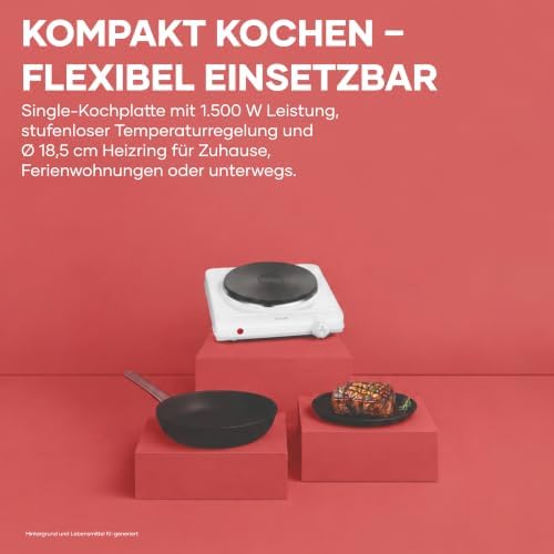 Kochplatte für Küche, Büro oder Camping, kleine Herdplatte mit stufenloser Temperatureinstellung, Campingkocher für einen Topf, weiß, single, 1.500 W, KP 1091