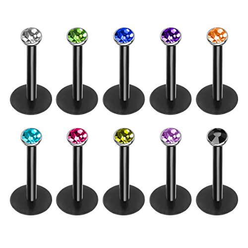 JewelrieShop 10Pcs Acrylic Lip Studs Set Sparkly Push In Labret Monroe Tragus Cartilage Body Piercing (Black)