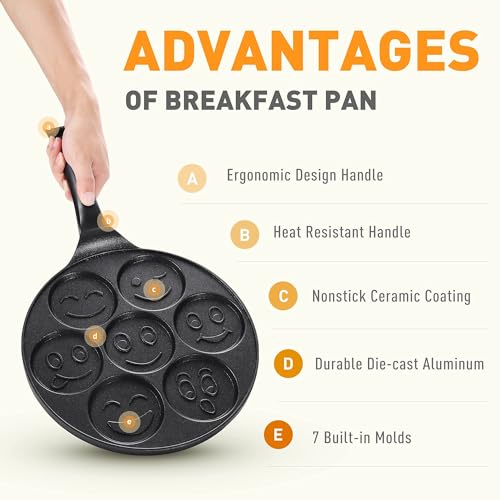 TERRIFI Nonstick Pancake Pan with 7 Smiling Face Cups - Crepe Pancake Maker for Kids