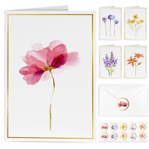 Uniiking® Blank Cards, 10 Pack Blank Greet Cards, Elegant Gold Foil Blank Note with Envelopes, Stationary Set for All Occasions, 5 Assorted Floral Designs