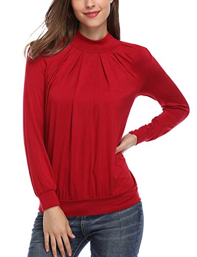 Yesfashion Women Long Sleeve Mock-Turtleneck Pleated Tops Blouse Tunic Wine Red S