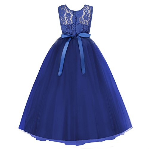 Acecharming Girls Lace Bridesmaid Wedding Dress with Bowknot Princess Prom Party Tulle Gown for 11-12 Year (Navy Blue)