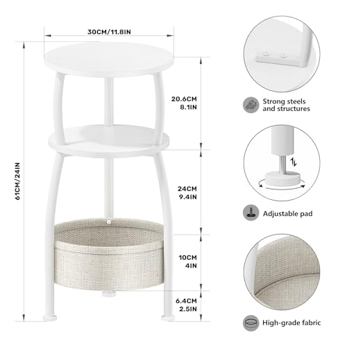 Yuede Round Side Table, 3 Tier Bedside Table, Small End Table with Fabric Basket, Coffee Table for Living Room, Bed Room, Small Space, Easy Assembly (White)