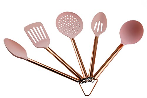 COOK with COLOR 5 Piece Pink Nylon Cooking Utensil Set on a Ring with Rose Gold Copper Handles