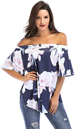 GLEAMISS Women's Mandarin Sleeve Off Shoulder Top Sexy Floral Printed A-Line Blouse (Medium, Navy Blue)