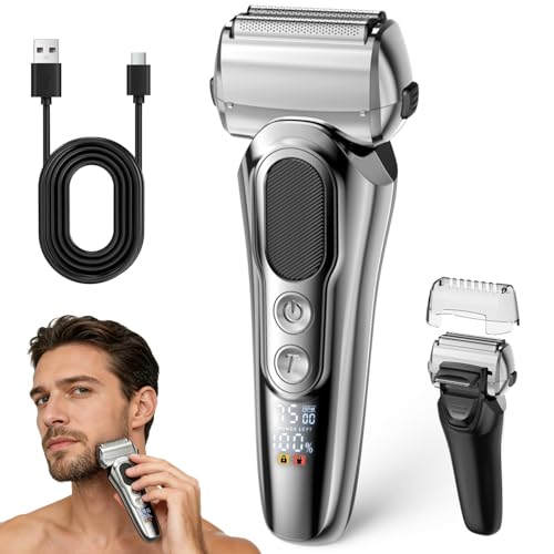 Foil Shaver with Floating Blade, Cordless Rechargeable Electric Shaver for Men, 7500Rpm Wet & Dry Gear Electric Razor, 100% Waterproof, Up to 100 min, Smart LCD, Travel Lock (Silver)