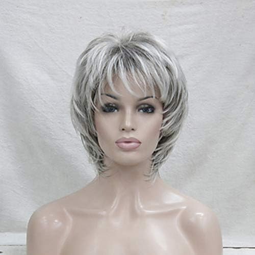 Capless Women Synthetic Wigs Short Curly Layered Haircut Grey Highlighted Balayage Gray Wig grey mixed 12inches