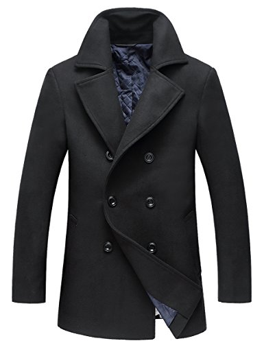 Men's Classic Winter Wool Blend Pea Coats Jacket,Black,Large