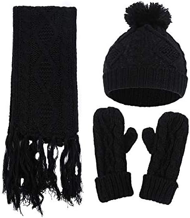 Sttech1 Women's Winter Warm Knit Thick Cable Knitted Beanie Hat, Scarf with Tassel, Twist Cable Knit Gloves, 3 Piece Winter Set