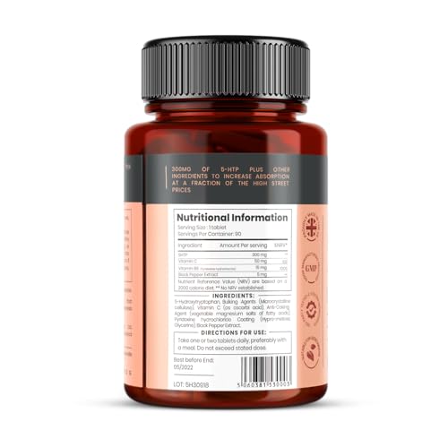 HIGH ABSORPTION 5HTP 300MG X 90 TABLETS – 3 MONTHS SUPPLY. WITH VITAMIN C, B6, AND BLACK PEPPER EXTRACT