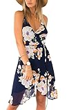 Moxeay Sexy V Neck Spaghetti Straps Back Cross Floral Print Chiffon Dress
