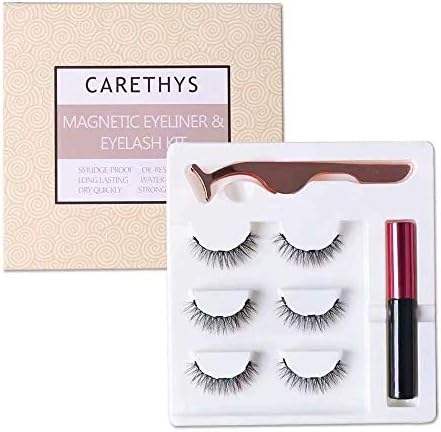 CARETHYS Upgraded Magnetic Eyeliner Eyelashes Kit, Waterproof Magnetic Liquid Eyeliner With 3 Pair Long Thin Magnetic False Eyelash,Natural Look,With Tweezers
