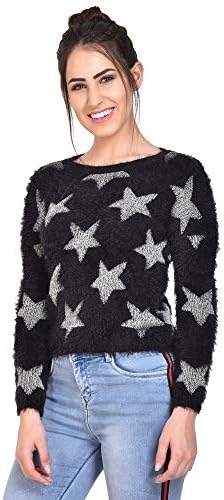 MansiCollections Fuzzy Silver Star Black Full Sleeves Sweater for Women