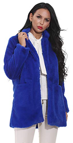 Women Faux Fur Coat Jackets Outerwear Long Sleeve with Pockets Winter Soft Thick Blue