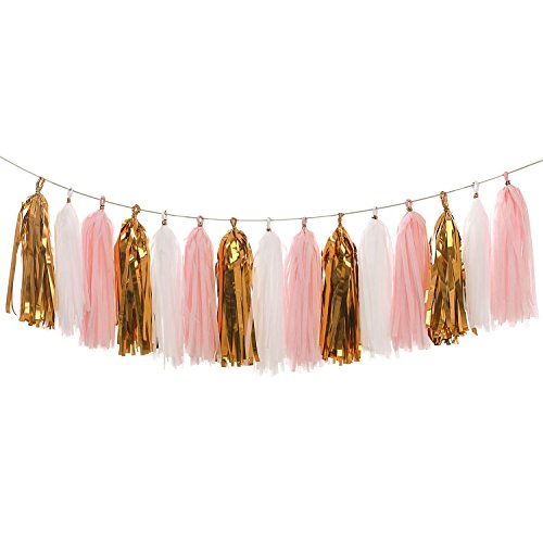 Derhom Tissue Paper Tassel Garland - 20pcs Tassels Per Package - 12 Inch Long Tassels (Gold/Pink)