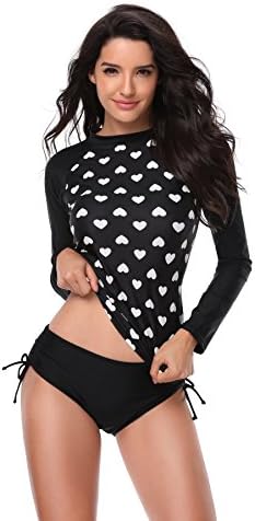 Women's 2PC Long Sleeve 3D Heart Beach Surf Guard Athletic Rash Guard UV Sun Protection Swimsuit