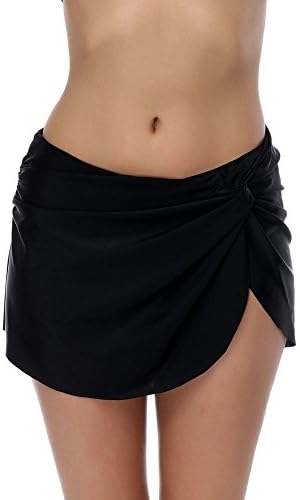 YUMDO Women's Solid Skirted Bikini Bottom Side Slit Knot Swimdress Black M