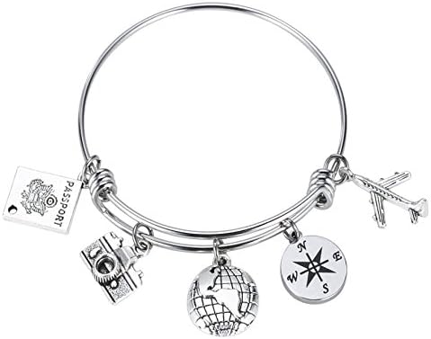 REEBOOO Travel Bangle Passport Bangle Bracelet Stainless Steel Expandable Wire Bangle Charm DIY Jewelry for Traveler
