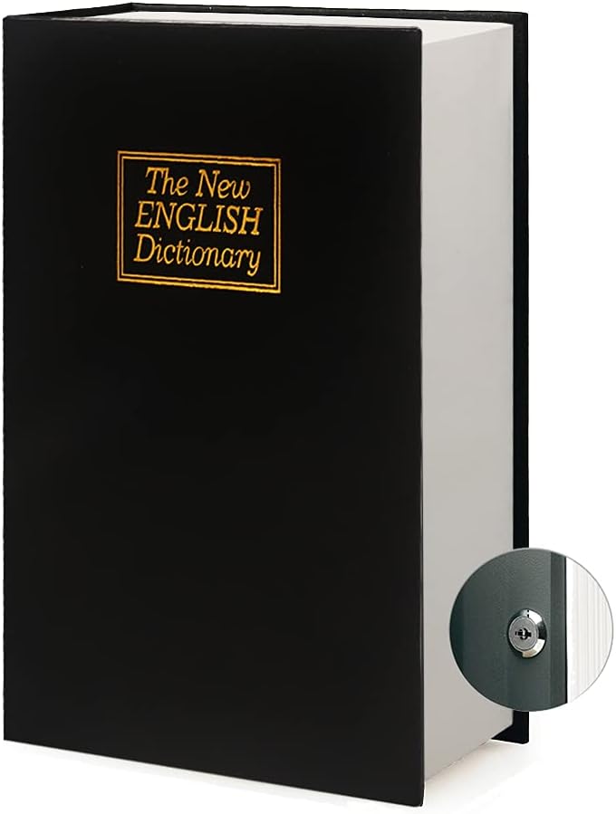 Leather Book Safe Real Paper Secret for Jewelry, Money and Cash, Diversion Book Safe ,Hollow with Hidden,Key or Combination Lock (Large, Black Dictionary - Key Lock)