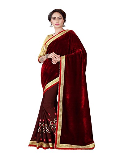 Shonaya Women's Embroidered Georgette & Velevet Maroon Designer Saree With Unstitched Blouse Piece