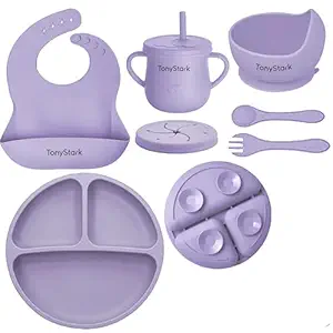 Tony Stark 7 Pcs Silicone Baby Feeding Set Bpa-Free,Microwave Safe,Anti-Slip Base | Complete Tableware Kit for Babies & Toddlers with Suction Plate,Bowl,Cup, Spoon,Fork & Bib (Lavender)