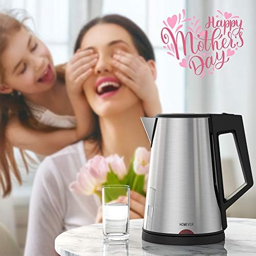 HOMEVER Bouilloire Électrique, INOX 1.7L Ébullition Rapide pour Le Thé, Acier Inoxydable,Arrêt Automatique, Bouilloire sans BPA, Protection Anti-ébullition à Sec,1800W[Classe Énergétique A+++]