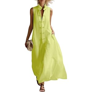 Mywinway Linen Dress Women Spring Summer Cotton Frog Button Stand Collar Flowy Maxi Dress Sleeveless Cute Beach Sundress