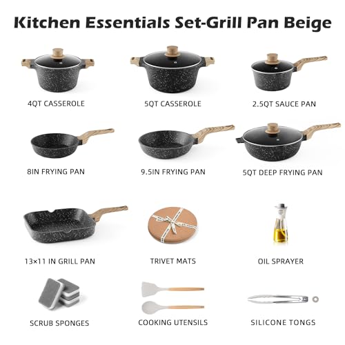 Pots and Pans Set Non Stick - Kitchen Cookware Set Cooking Pot and Pan Set with Lids, Non-stick Granite Cookware Sets Induction Pans for Cooking Set with Grill Pan, frying pan, Stockpot and Saucepan