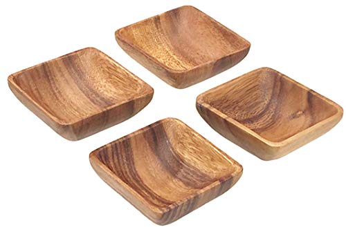Acaciaware Acacia Wood 4-inch by 1.5-inch Square Dipping and Nut Bowls, Sushi Soy Sauce Set of 4