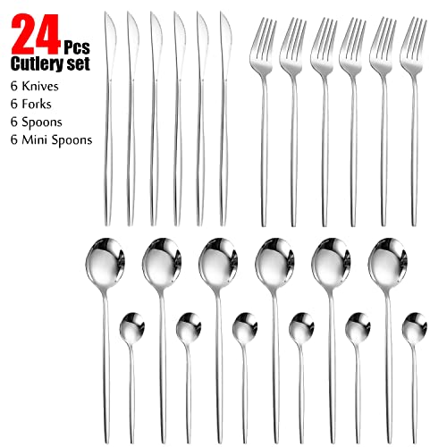Gosyfeti 24 PCS Tableware Sets Cultery Dinnerware Flatware 410 Food-grade Stainless Steel Dinner Knives, Forks, Spoons, Mini Spoons, 6 Sets (Silver)