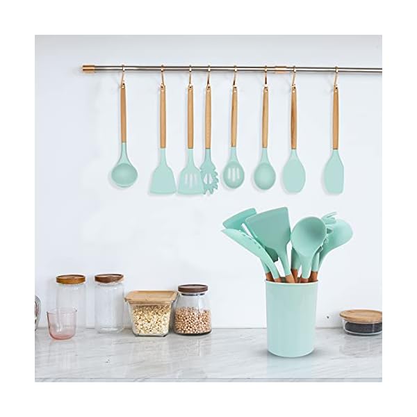 Kitchen-Utensils-Set-9-Pcs-Non-Stick-Silicone-Cooking-Kitchen-Utensils-Spatula-Set-with-Holder-Wooden-Handle-Heat-Resistant-Silicone-Kitchen-Gadgets-Utensil-Set-Green Silicone Kitchen Utensil Set, 9 Pcs Non-Stick Cooking Kitchen Utensils Spatula Set with Holder, Wooden Handle Heat…