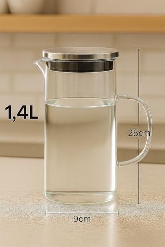 Jarra de Vidro Borossilicato com Tampa De Inox 1,4L – Design Facetado Elegante para Água, Sucos, Chá Gelado e Drinks (1,4L)