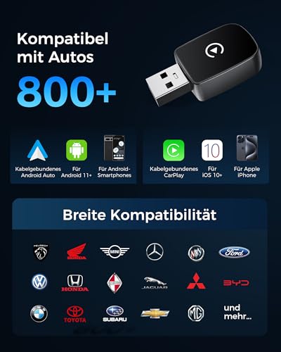 WityEye CarPlay and Android Car Wireless Adapter 2 in 1, V5.3 Bluetooth Stable Connection, Fast 5.8 GHz WiFi, for Apple iPhone iOS 10+, Smartphone Android 11+
