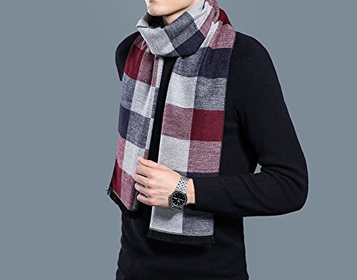 MuNiSa Men's Winter Scarf Plaid Stripes Long Cashmere Scarves with Tassel(White) - Thumbnail 2