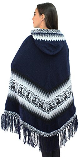 Women's Alpaca Wool Hooded Poncho Cape Knit Yarn Coat Llamas Design (Navy Blue)