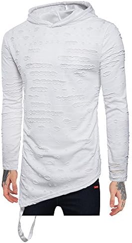 JXEWW Hipster Men T Shirt Hooded Hip Hop Sweatshirt Graphic Ripped Holes Curved Hem (L, Strip Wihte)