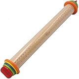 KitchenBasix Adjustable Rolling Pin with Multicolored Removable Rings, Beech Wood Classic for Baking Dough, Pizza, Pie, and Cookies