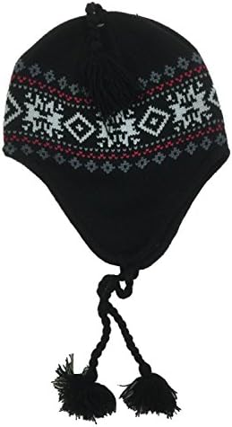 Ben Berger Boys Black &amp; Red Snowflake Peruvian Beanie Fleece Lined Winter Hat