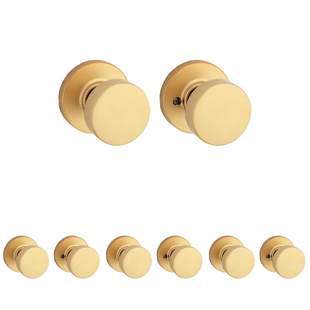 Kwikset Pismo Interior Passage Door Knob, Handle for Closet and Hallway Doors, Non-Locking Doorknob, Satin Brass, Round, Microban Protection (Pack of 4) Image