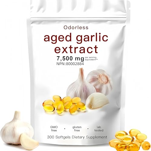 Aged Garlic Extract Capsules 7500mg Odorless – 300 Count Aged Garlic Supplement for Immune Support，Organic, Non-GMO, Vegetarian Softgels(1 PCS)