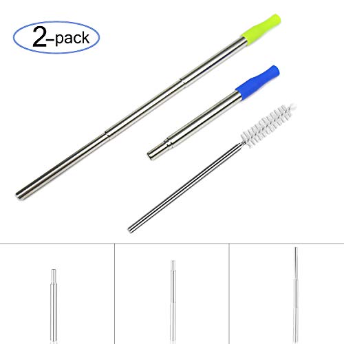 Reusabel Telescopic Straws Stainless Steel Straw-RUCACIO Portable Drinking Straws with Cleaning Brush and Pouch for Travel and Home 2 Silicon Tips Cover included,Gifts for Friends(2 telescopic straws)