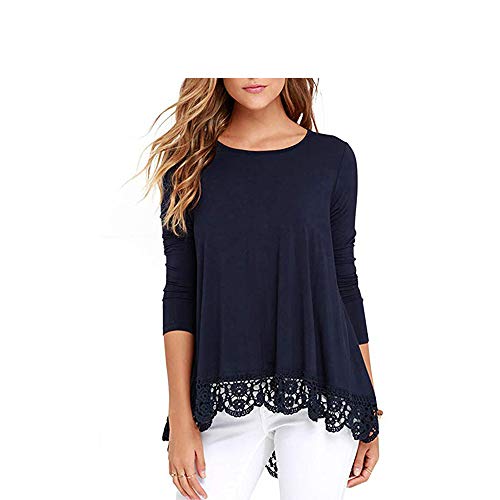 Womens Tops Long Sleeve Lace Trim O-Neck A-Line Tunic Tops for Leggings S