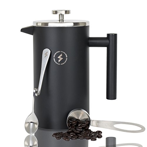 Click Here to See More Images SparkPod French Press Coffee & Tea Maker Complete Bundle (34 Oz – 1 Liter) 4 Items – Double Wall Stainless Steel French Press, Serving Scoop, Dessert Spoon & 4 Ultra-Fine Filter Screens