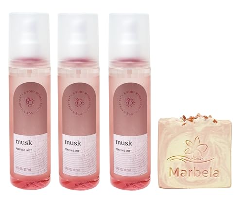 Bath & Body Works Musk Perfume Mist 3 Pack with a Himalayan Salts Springs Bar Soap.