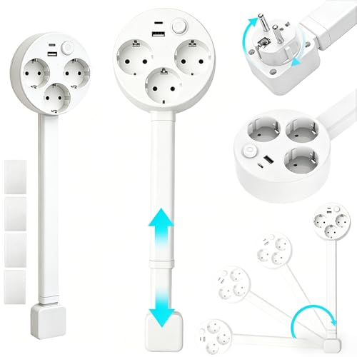 Extending Socket Extension Cord (47-67 cm), Extendable Power Strip with 3 AC Power Ports, 1 USB-C and 1 Typ-C, 360° Swivel Extendable Socket for Kitchen, Living Room, Office, Max Load 1500W