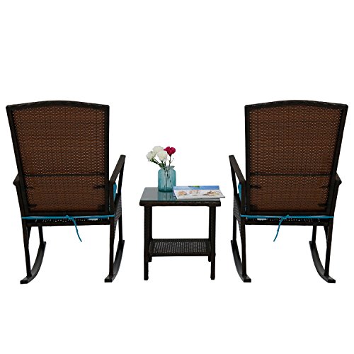 Peach Tree Rattan Rocker Chair Outdoor Garden Rocking Chair Wicker Lounge w/Turquoise Cushion and Tea Table