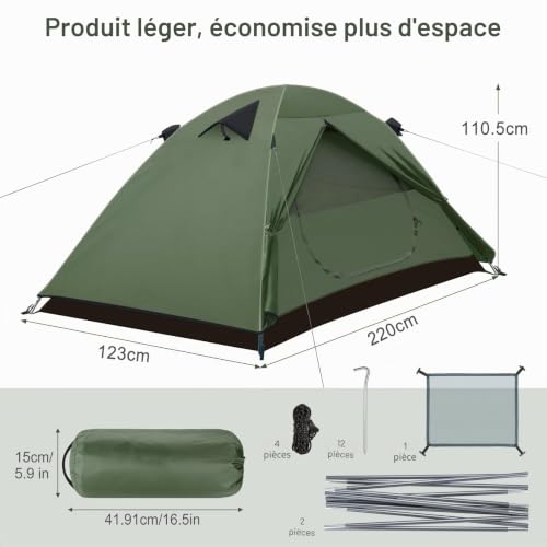 Forceatt 2 Person Camping Tent, Waterproof Ultra Light Small Volume, Portable Dome Tent Quick Assembly for Hiking, Camping, Excursion and Outdoor