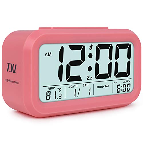 TXL 5.3" Digital Alarm Clock Student Clock Display 1 Alarm/Calendar, Snooze/5s Backlight, Battery Operated Bedside Desk/Shelf Clock for Kids/Teens/Home/Office/Travel-Pink