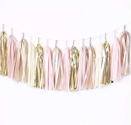 Sunniemart Paper Tassel Garland with String DIY Hanging Decor 1.2ft Long 25pc (metallic gold, pink, white, champagne tan, ivory)