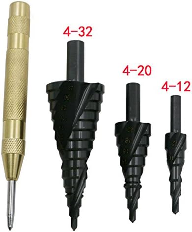QST 4Pcs / Set HSS 4241 4-12/20/32mm Nitriding Spiral Flute Step Drill +5 Inch Automatic Center Pin Punch Spring